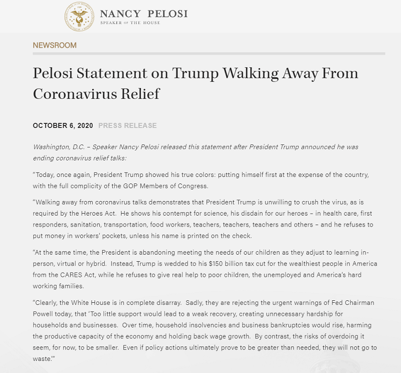 Bà Pelosi cáo buộc TT Trump làm ngơ trước các gói cứu trợ Covid-19